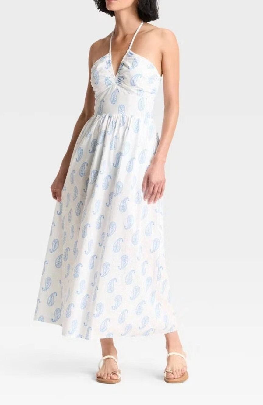 Universal Thread Halter Neck Maxi Dress White Light Blue Paisley Large